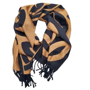 Peter James 100% Wool Reversible Black and Brown Scarf with Fringe. 14.5" x 66"